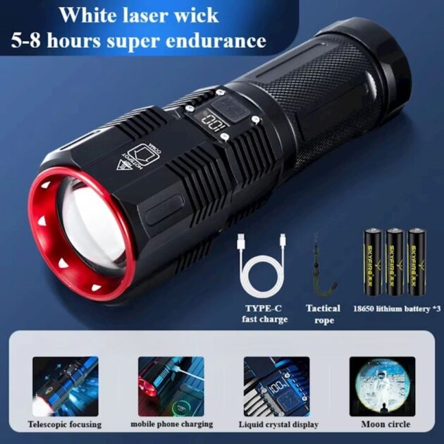 مصباح يدوي LED عالي الطاقة 30 واط مع بطارية ليثيوم 18650