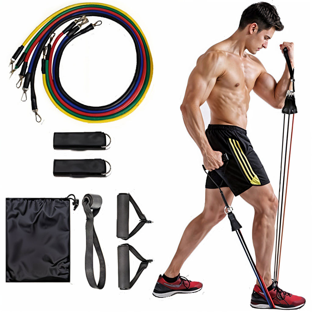 مجموعة حبال مطاطية للياقة البدنية – طقم تمارين رياضية 11 قطعة (5كغ – 45كغ) 🏋️♂️💪