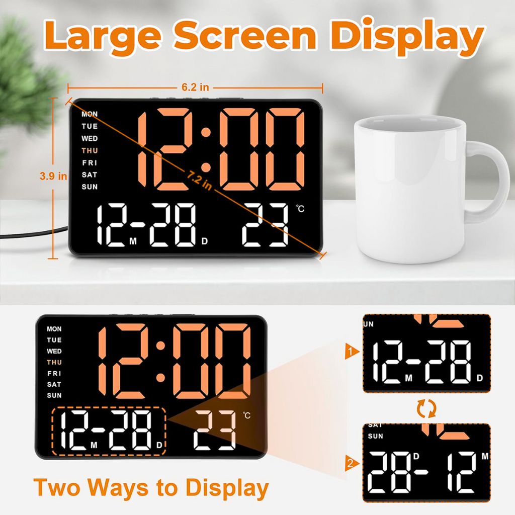 منبّه رقمي بشاشة LED كبيرة مقاس 7.2 بوصات ⏰ - الصورة 6