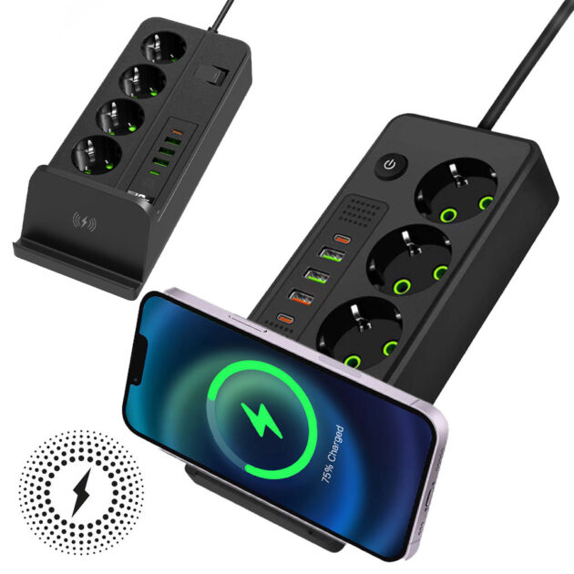 مقبس كهربائي (Multiprise) بـ 4 مآخذ بقدرة 2500 واط مع منافذ USB وType-C ودعم الشحن اللاسلكي 🔌⚡