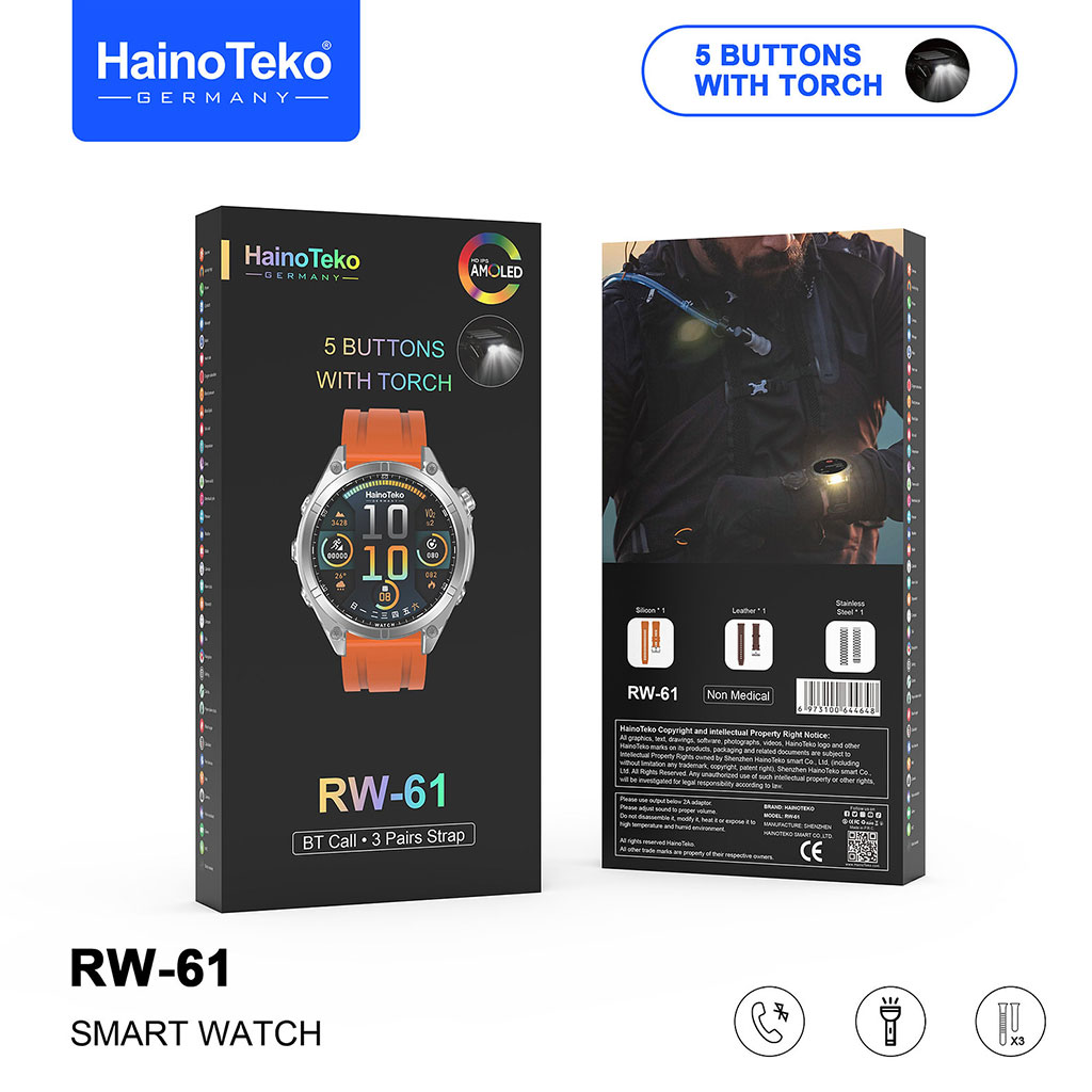 ساعة ذكية أصلية Hai–no Te–ko RW-61 –شاشة AMOLED ومصباح مدمج مع 3 أحزمة قابلة للتبديل-⌚✨ - الصورة 2