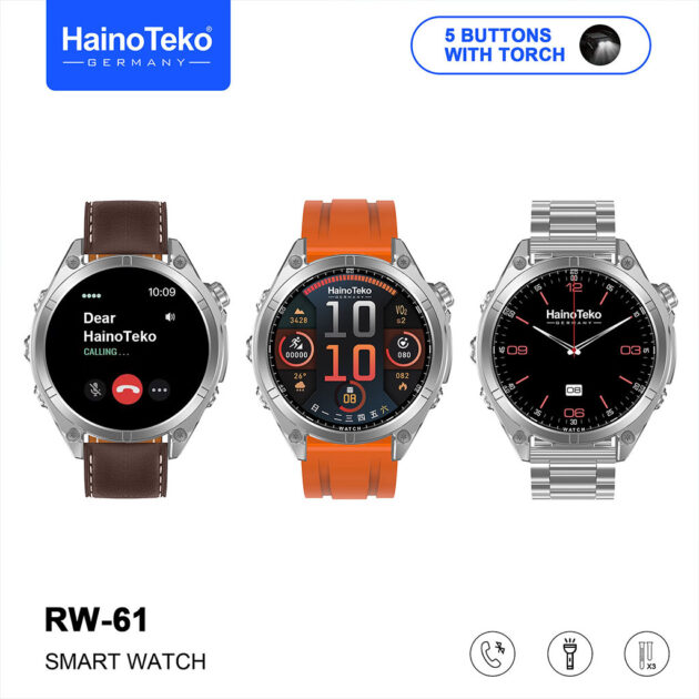 ساعة ذكية أصلية Hai–no Te–ko RW-61 –شاشة AMOLED ومصباح مدمج مع 3 أحزمة قابلة للتبديل-⌚✨