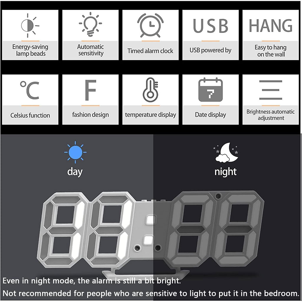 ساعة حائط رقمية LED بيضاء بتصميم ثلاثي الأبعاد – GH0720L 🕒✨ - الصورة 5