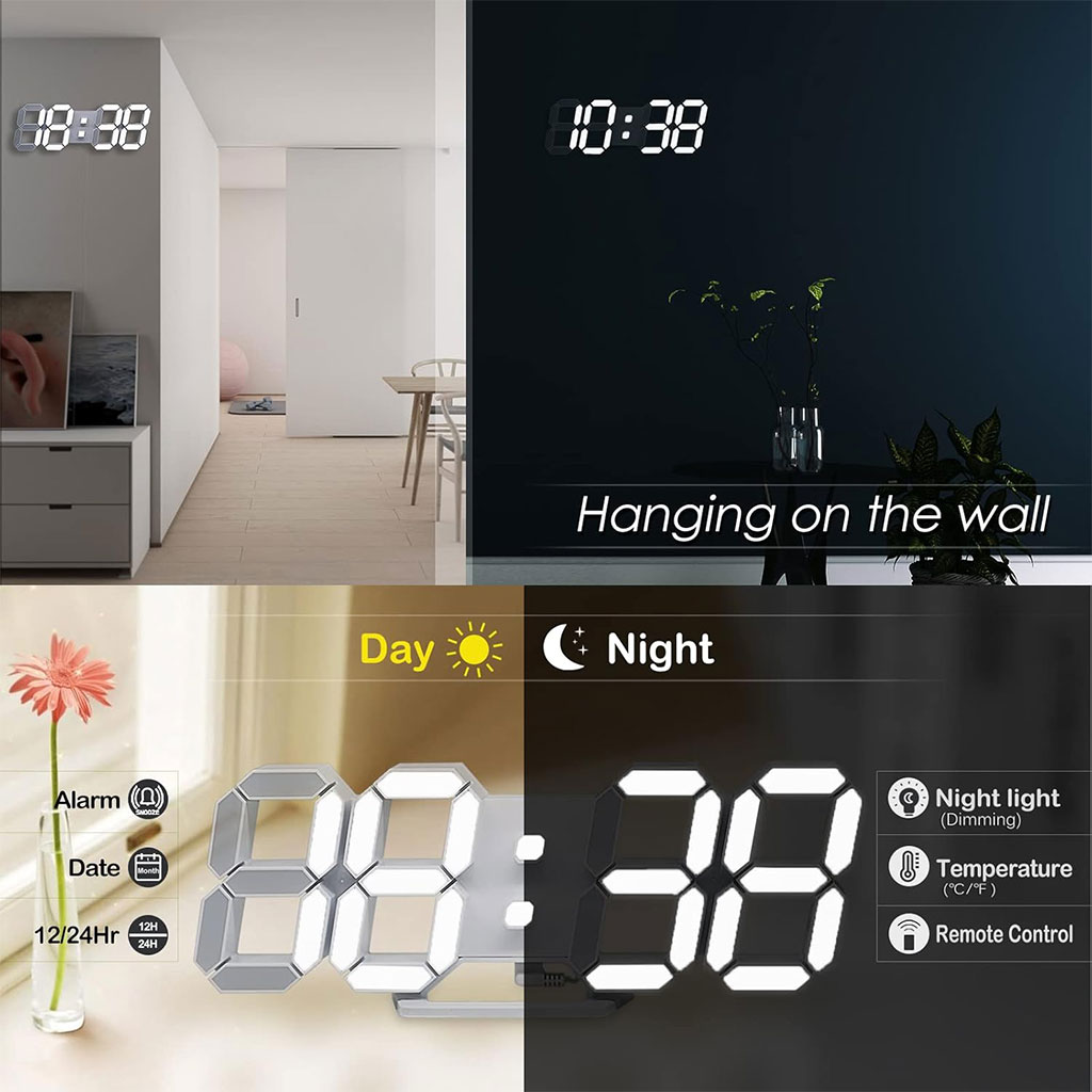 ساعة حائط رقمية LED بيضاء بتصميم ثلاثي الأبعاد – GH0720L 🕒✨ - الصورة 4
