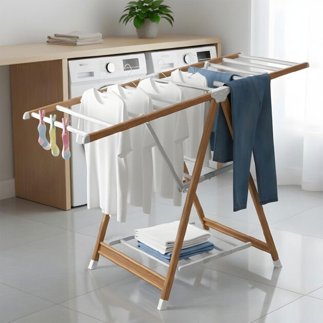 مجفف ملابس من الألمنيوم مع 4 عجلات مخفية – تصميم عصري أنيق 🧺