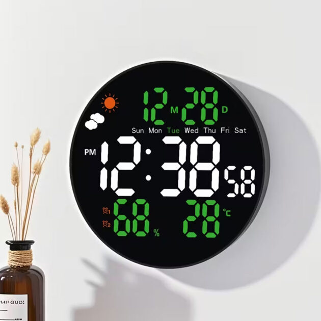 ساعة حائط دائرية بشاشة LED رقمية كبيرة مع جهاز تحكم عن بُعد – DS-3853L 🕒✨
