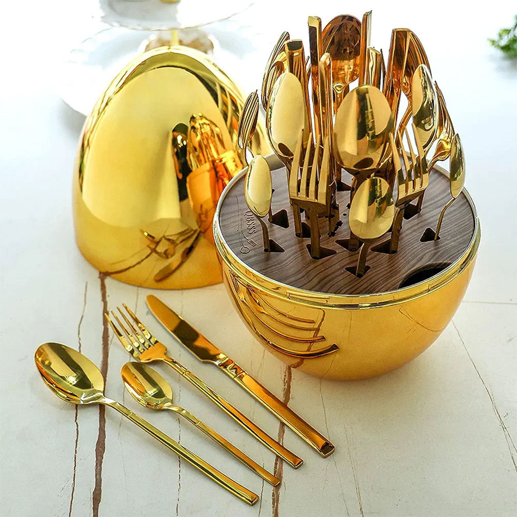 طقم أدوات مائدة إبداعي على شكل بيضة بلون ذهبي (24 قطعة) 🥚🍴 - الصورة 8