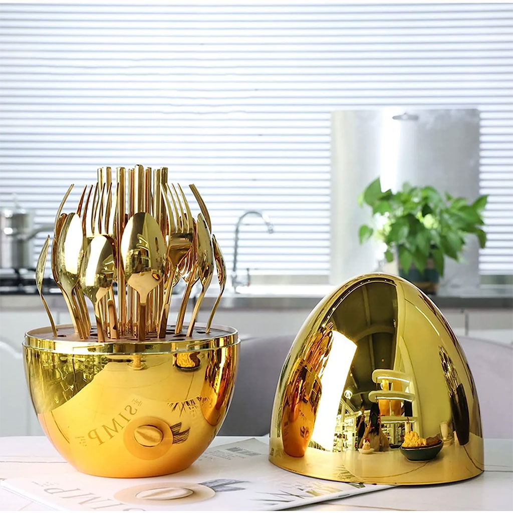 طقم أدوات مائدة إبداعي على شكل بيضة بلون ذهبي (24 قطعة) 🥚🍴 - الصورة 10
