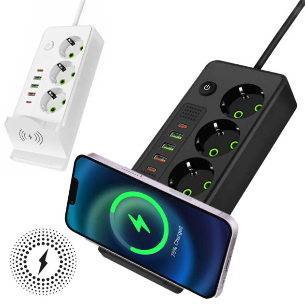مقبس كهربائي (Multiprise) بـ 3 مآخذ بقدرة 2500 واط مع منافذ USB وType-C ودعم الشحن اللاسلكي 🔌⚡